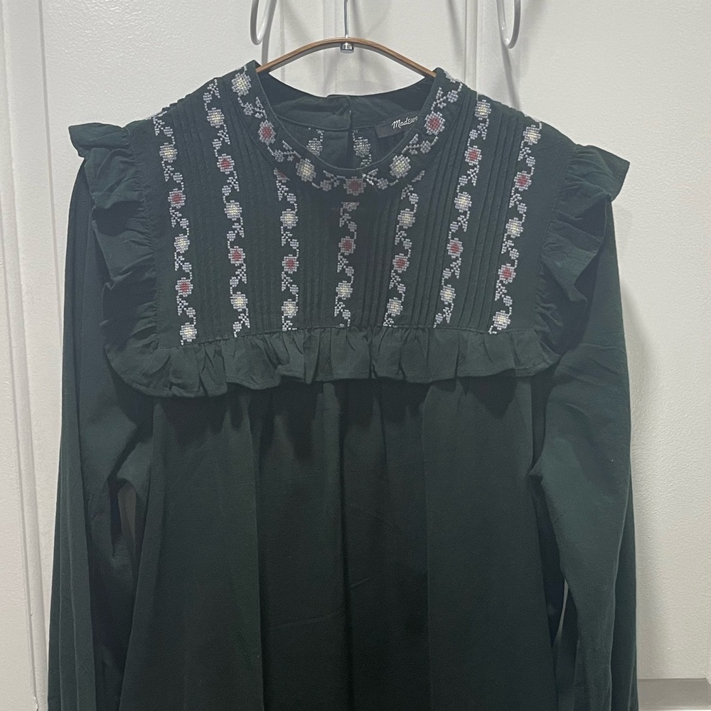 Embroidered-Bib Ruffle Mini Dress - Picture 6 of 12